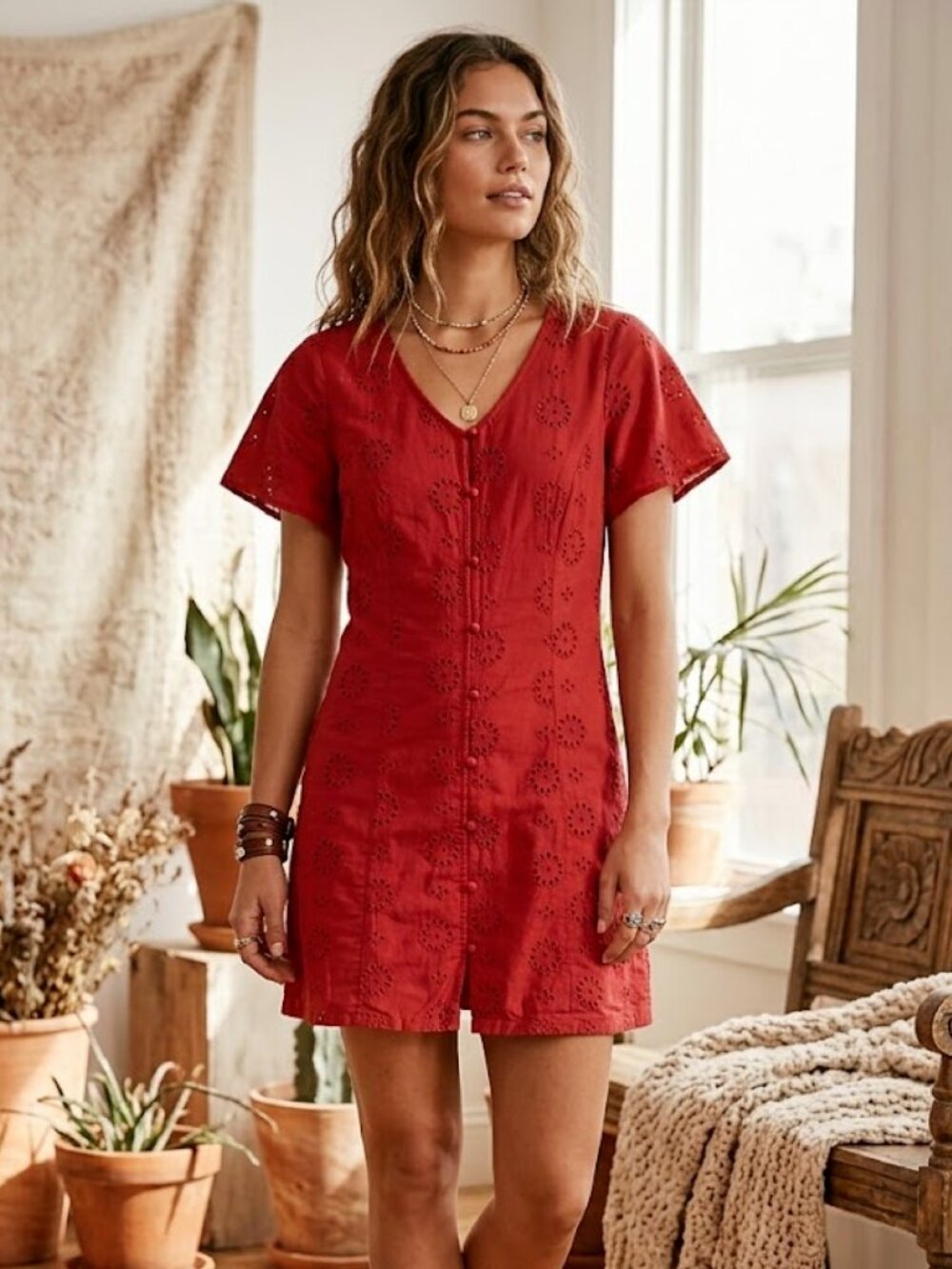 Honey Red Eyelet Embroidered Button Front Mini Dress Boho Cottagecore Summer M